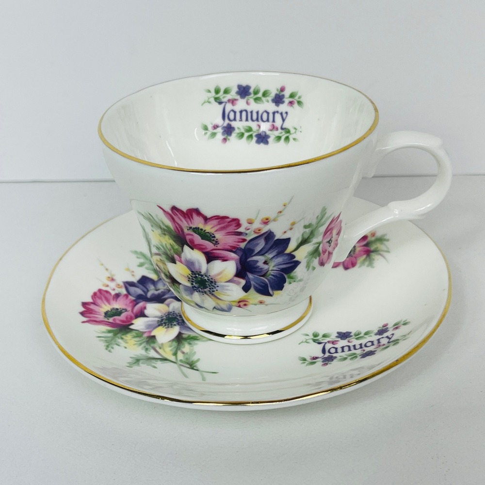 Crown Trent January Teacup Saucer Set White Floral Bone China Staffordshire Gold
